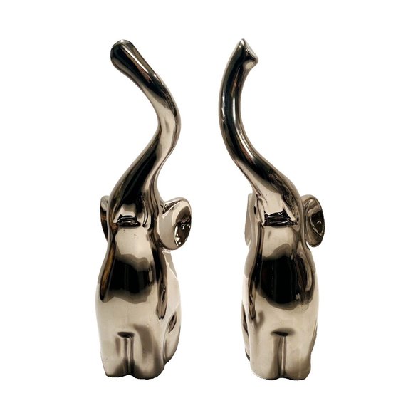 Silver Elephant Figures with Intertwined Trunks, Ceramic Set of 2, Chrome Decor - Picture 13 of 16